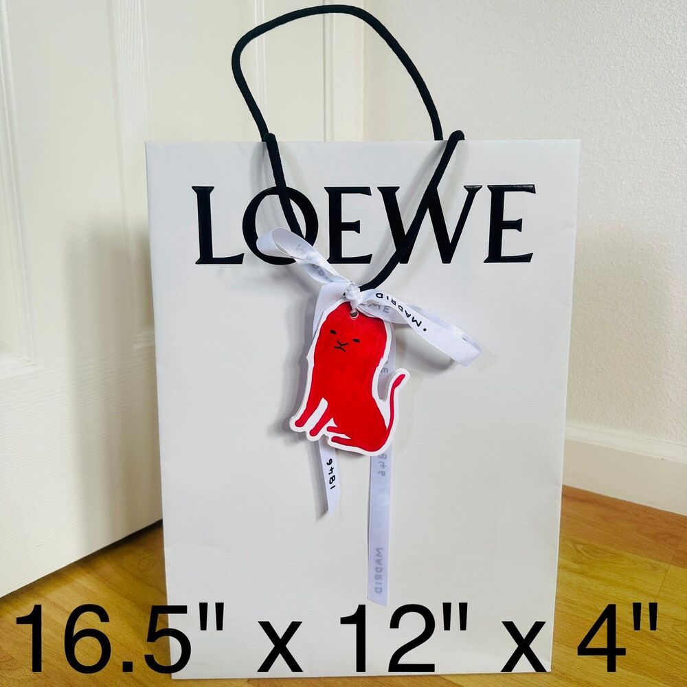 Loewe Paper Shopping Bag w Lion Intarsio charm  - white medium, 16.5" x 12" x 4"